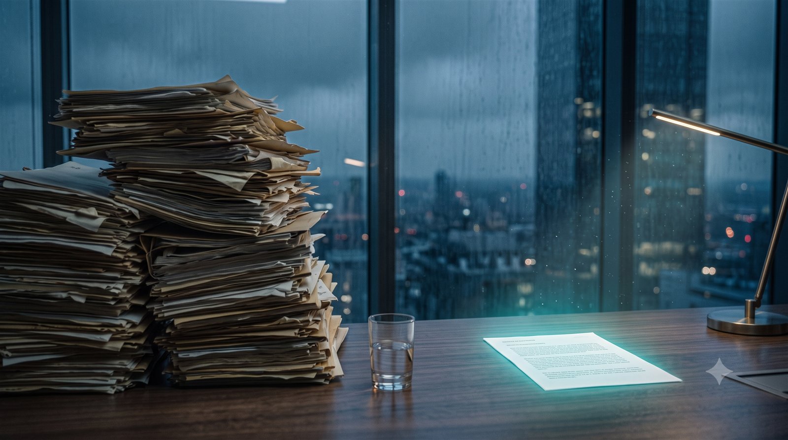 A towering stack of paperwork beside a single glowing document