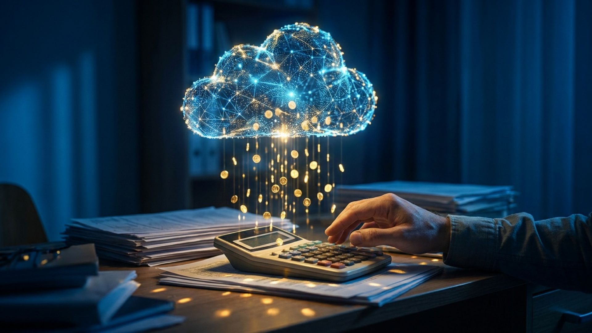 A digital cloud raining coins onto a desk beside a calculator