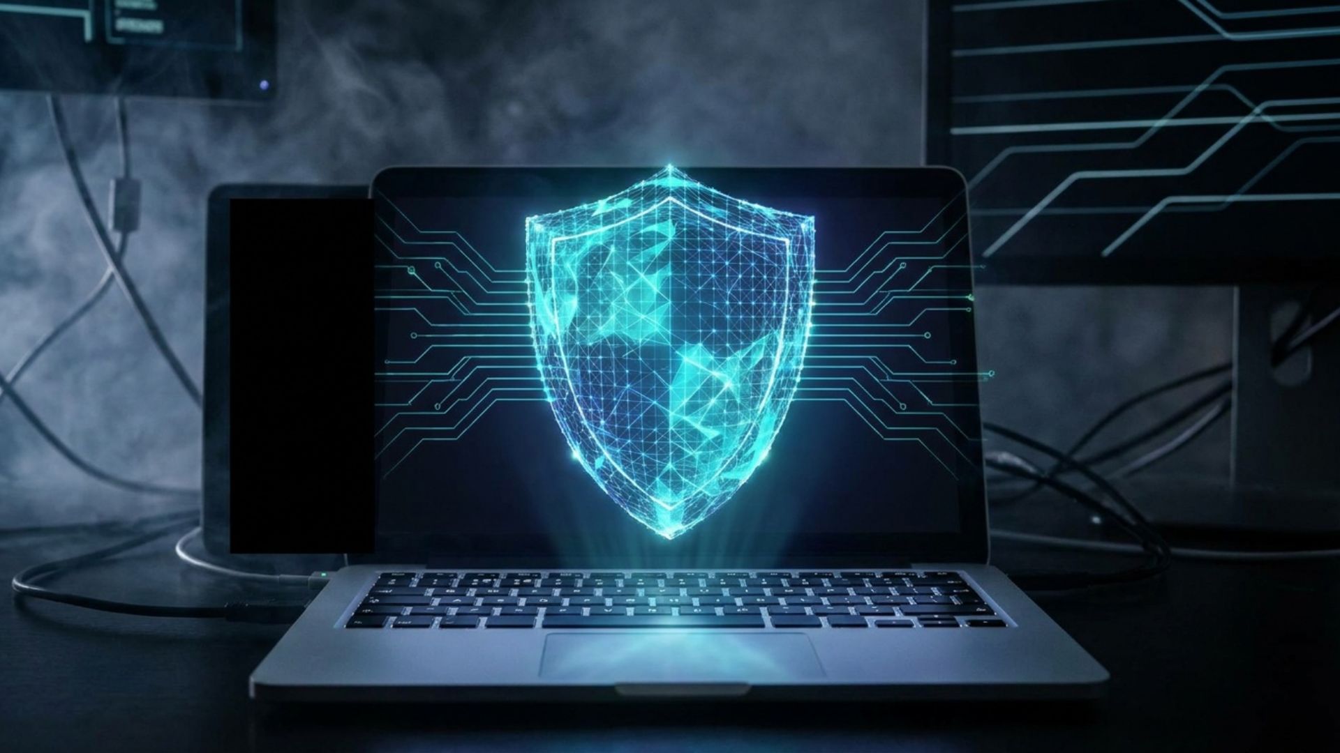 A glowing digital shield above a laptop keyboard