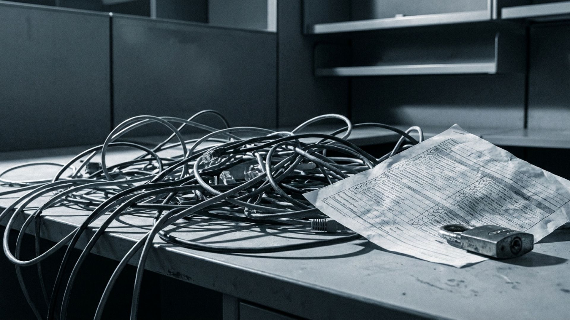 Tangled cables beside a compliance checklist and padlock
