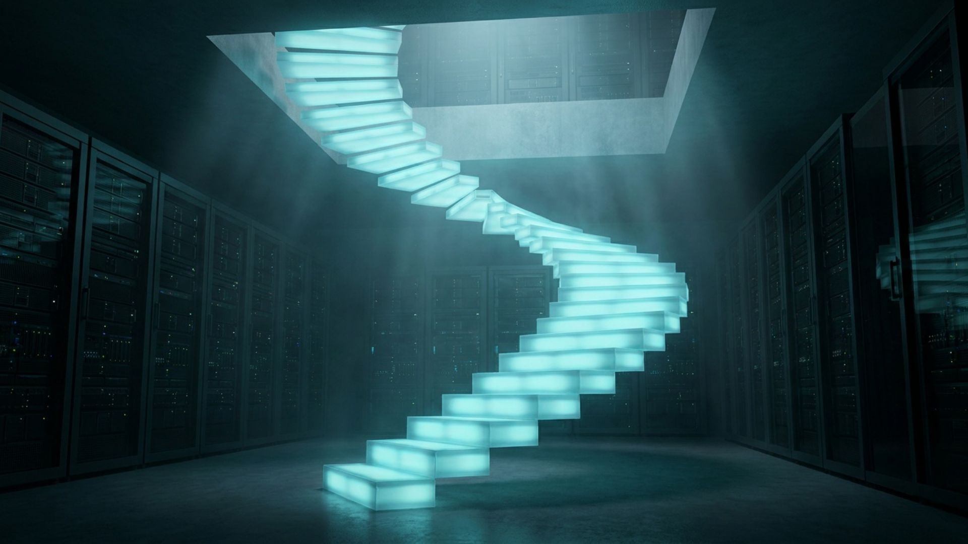 Ascending steps of light in a server room