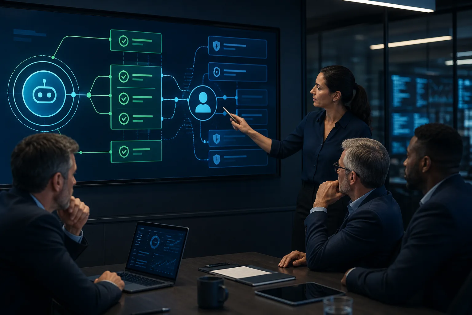 Business leaders mapping approved AI actions and human review checkpoints