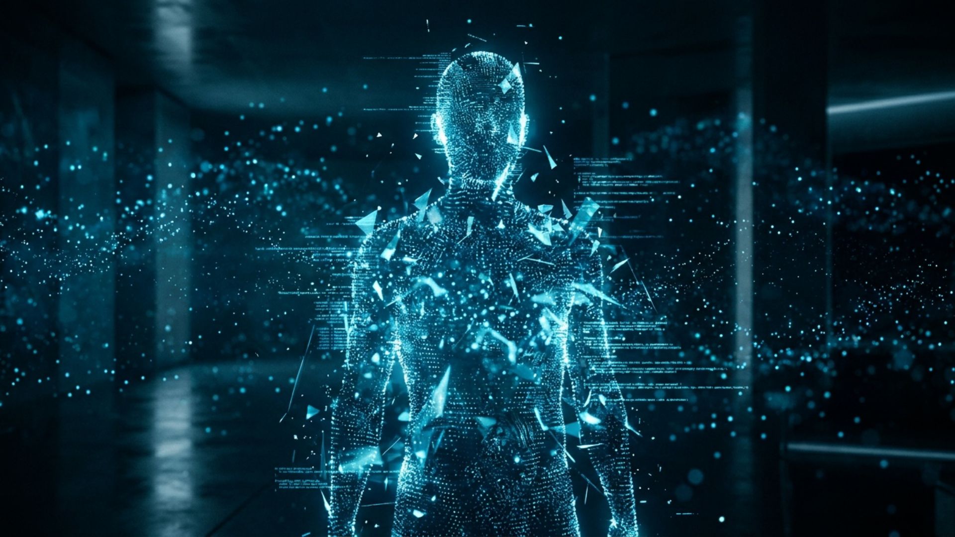 Glowing data points forming a human silhouette