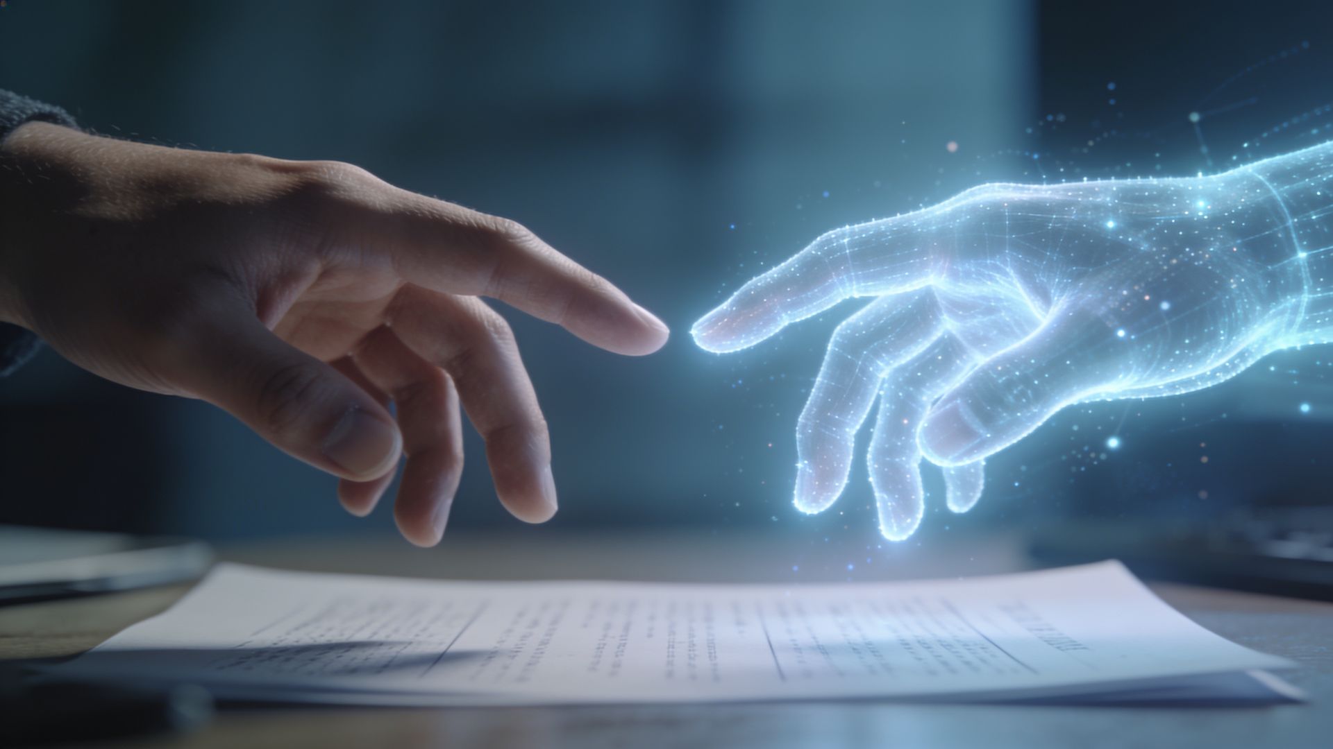 A human hand and a holographic hand reaching toward the same document