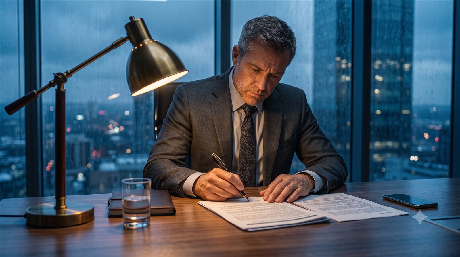 An executive reviewing a printed policy document at a desk