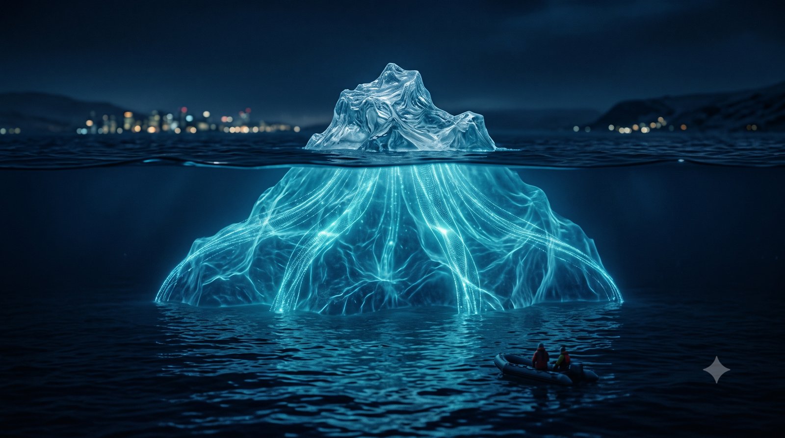 A glowing iceberg with a small tip above water and a massive hidden mass below