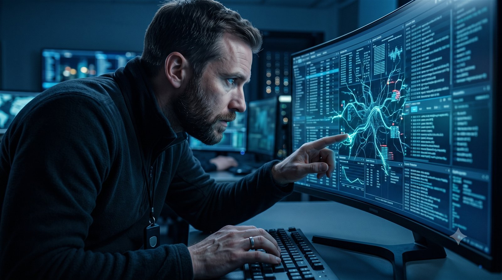 A security professional discovering anomalies on a monitor in a dark office