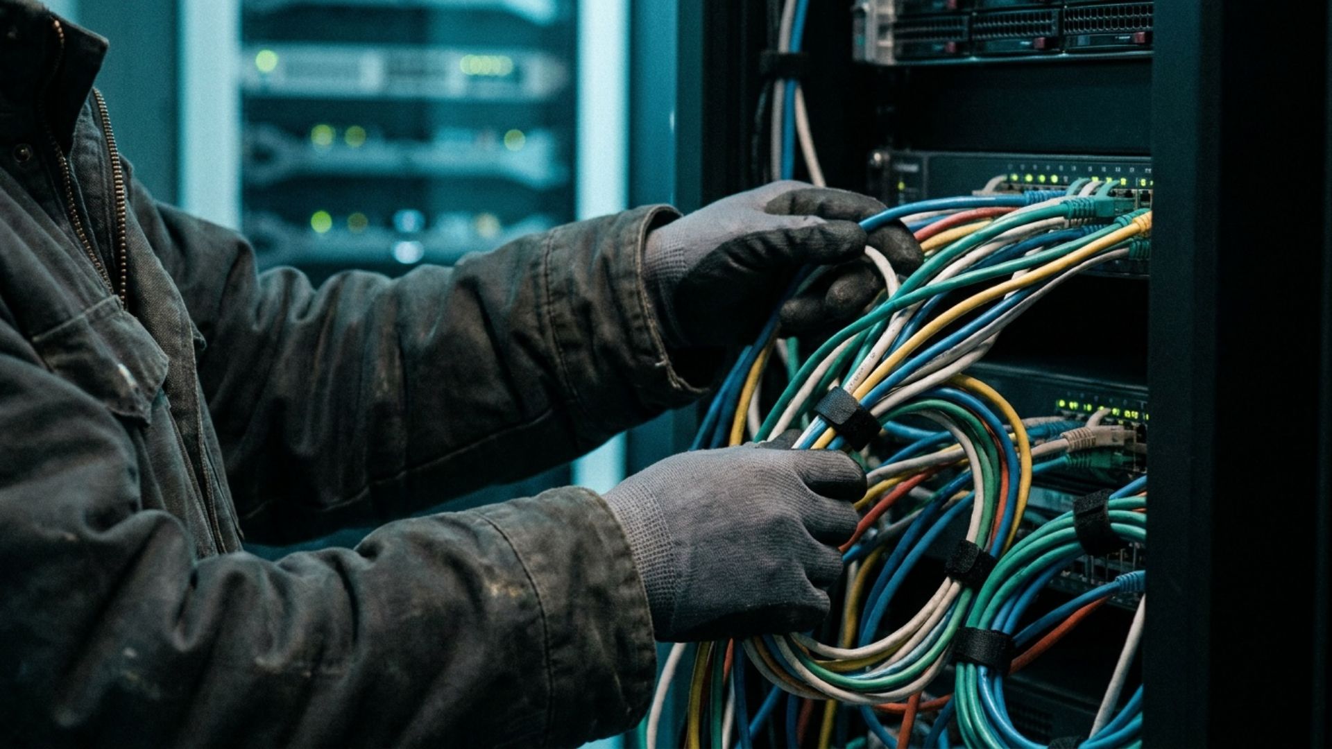 Hands untangling a bundle of network cables